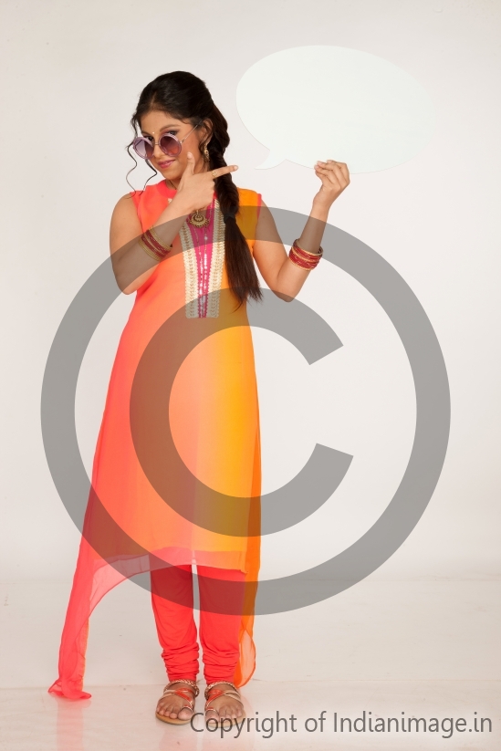 Girl pointing a placard